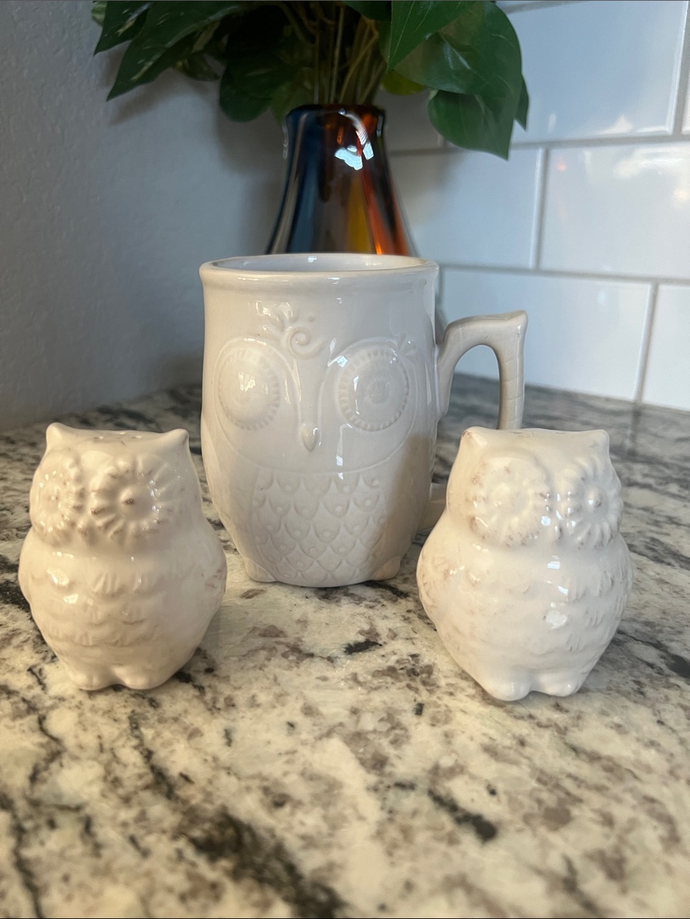 Ceramic Owl Mug and Salt & Pepper Set - White